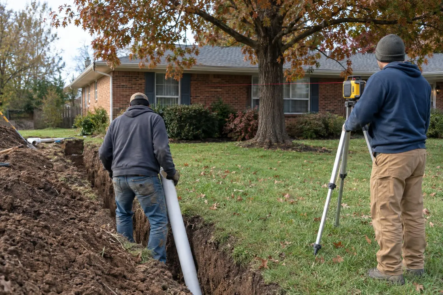 One worker lowering a white PVC pipe into a trench while another stands at a surveying tripod, a brick ranch house behind