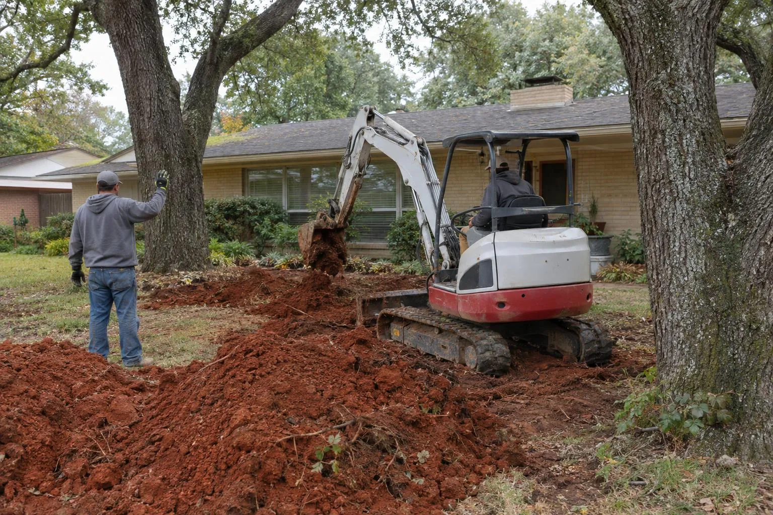 A small excavator digging beside a mounded pile of red clay in the front yard of a ranch house while a worker watches